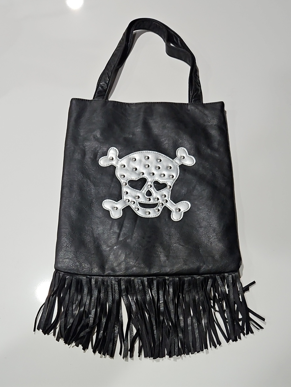 Black Fringe Tote with Studded Skull Accent